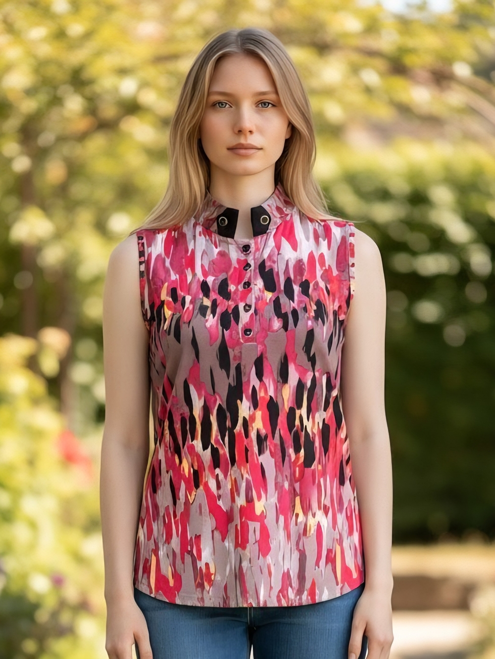 jamie sadock Sleeveless Pink Multi-Print Button Front Top